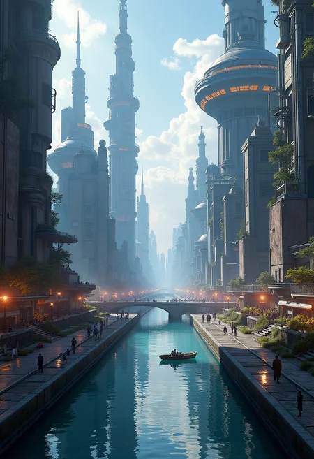 A digital artwork in the style of cknc, a canal running through a futuristic sci-fi cityscape, towers and skyscrapers, domes, people