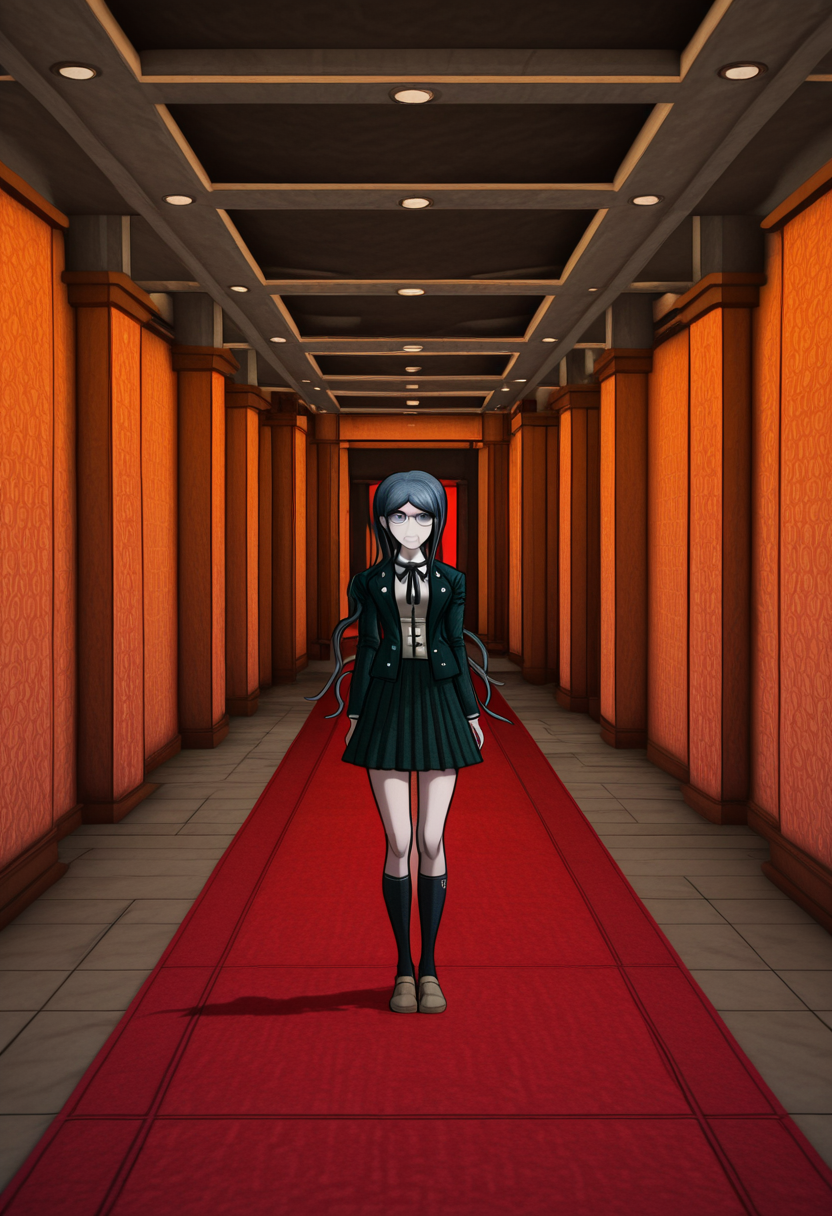 masterpiece, best quality, absurdres, <lora:Tsumugi_Shirogane_Illustrious:0.2>, <lora:Danganronpa_Locations:1>, danganronpa_(series),Tsumugi Shirogane,danganronpa_(series), danganronpa_v3:_killing_harmony, shirogane_tsumugi, 1girl,blue_hair, blue_eyes, dark_blue_hair, black_jacket, black_skirt, black_socks, brown_shoes, full_body, glasses, jacket, long_sleeves, open_clothes, open_jacket, orange_background, shirt, shoes, skirt, socks, solo, white_shirt, abstract_background,3d_environment,red_carpet,rectangular_tiles,stone_texture,cubic_shapes,grey_tiles,brown_tiles,dark_ceiling,monochromatic_colors,minimalistic_design,architectural_structure,empty_room,no_people,ambient_lighting,digital_artwork,futuristic_design,symmetrical_layout,no_text,open_space,danganronpa,danganronpa_(series),danganronpa_2:_goodbye_despair,danganronpa 2,danganronpa sprite style,danganronpa_sprite_style