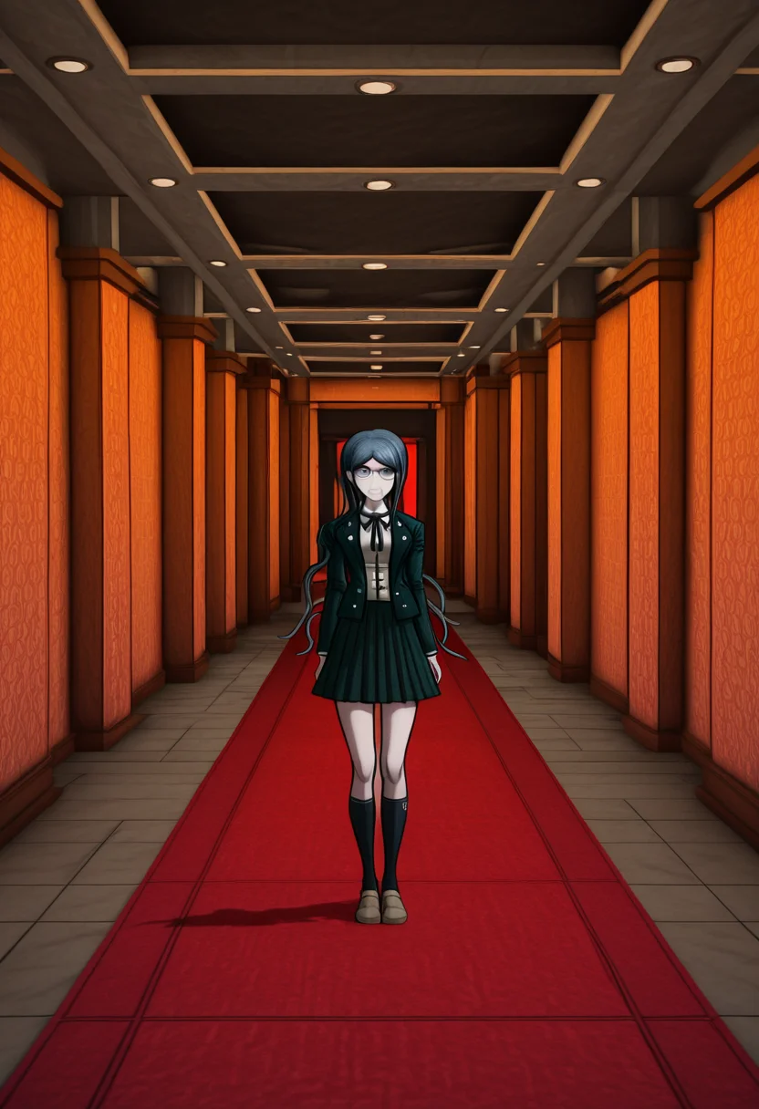 masterpiece, best quality, absurdres, <lora:Tsumugi_Shirogane_Illustrious:0.2>, <lora:Danganronpa_Locations:1>, danganronpa_(series),Tsumugi Shirogane,danganronpa_(series), danganronpa_v3:_killing_harmony, shirogane_tsumugi, 1girl,blue_hair, blue_eyes, dark_blue_hair, black_jacket, black_skirt, black_socks, brown_shoes, full_body, glasses, jacket, long_sleeves, open_clothes, open_jacket, orange_background, shirt, shoes, skirt, socks, solo, white_shirt, abstract_background,3d_environment,red_carpet,rectangular_tiles,stone_texture,cubic_shapes,grey_tiles,brown_tiles,dark_ceiling,monochromatic_colors,minimalistic_design,architectural_structure,empty_room,no_people,ambient_lighting,digital_artwork,futuristic_design,symmetrical_layout,no_text,open_space,danganronpa,danganronpa_(series),danganronpa_2:_goodbye_despair,danganronpa 2,danganronpa sprite style,danganronpa_sprite_style