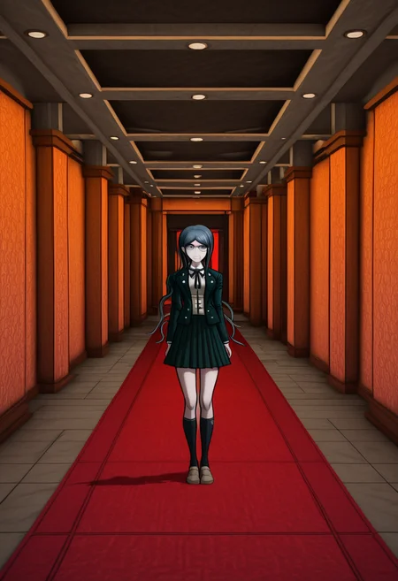 masterpiece, best quality, absurdres, <lora:Tsumugi_Shirogane_Illustrious:0.2>, <lora:Danganronpa_Locations:1>, danganronpa_(series),Tsumugi Shirogane,danganronpa_(series), danganronpa_v3:_killing_harmony, shirogane_tsumugi, 1girl,blue_hair, blue_eyes, dark_blue_hair, black_jacket, black_skirt, black_socks, brown_shoes, full_body, glasses, jacket, long_sleeves, open_clothes, open_jacket, orange_background, shirt, shoes, skirt, socks, solo, white_shirt, abstract_background,3d_environment,red_carpet,rectangular_tiles,stone_texture,cubic_shapes,grey_tiles,brown_tiles,dark_ceiling,monochromatic_colors,minimalistic_design,architectural_structure,empty_room,no_people,ambient_lighting,digital_artwork,futuristic_design,symmetrical_layout,no_text,open_space,danganronpa,danganronpa_(series),danganronpa_2:_goodbye_despair,danganronpa 2,danganronpa sprite style,danganronpa_sprite_style