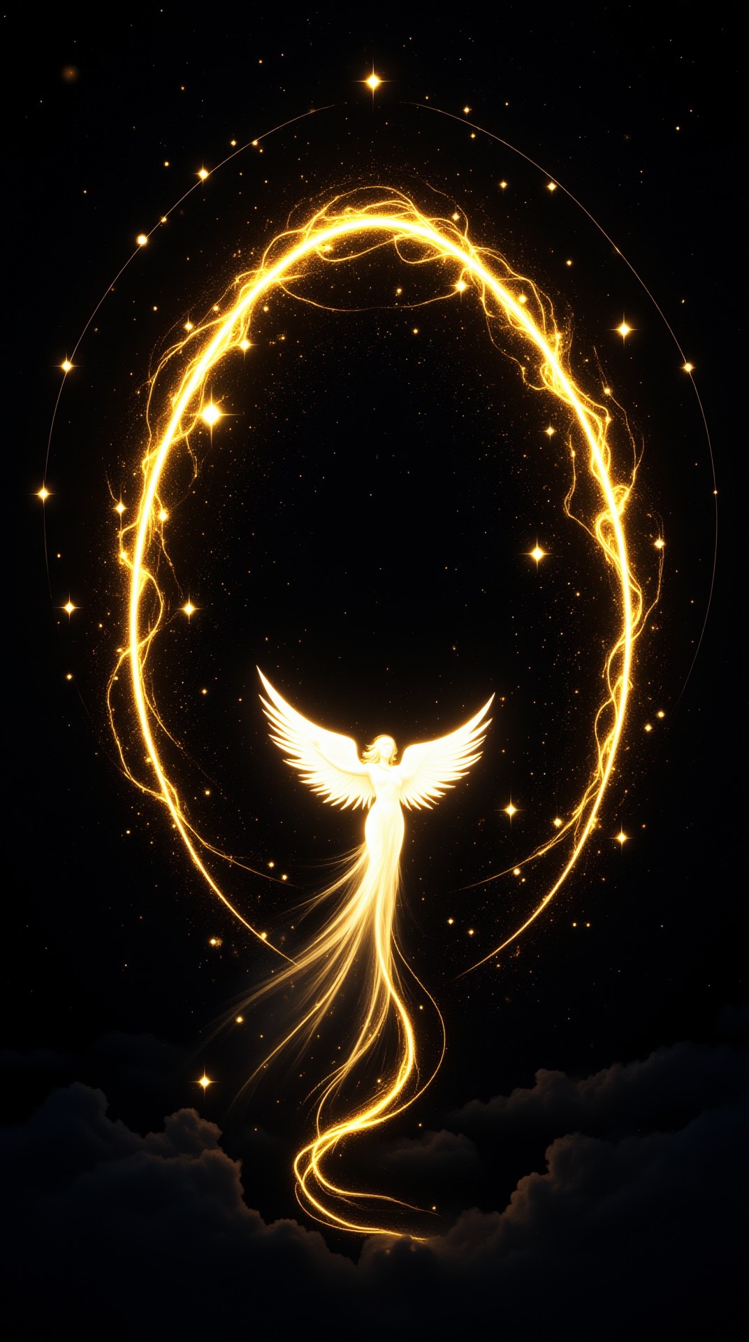 A celestial angel figure soaring through a cosmic space, surrounded by a glowing arc of golden stars and galaxies. The angel’s white wings glisten against the dark void, and their flowing cloak radiates a faint luminescence. The trail of light they leave behind creates a dreamy, ethereal atmosphere, symbolizing a journey through the heavens.