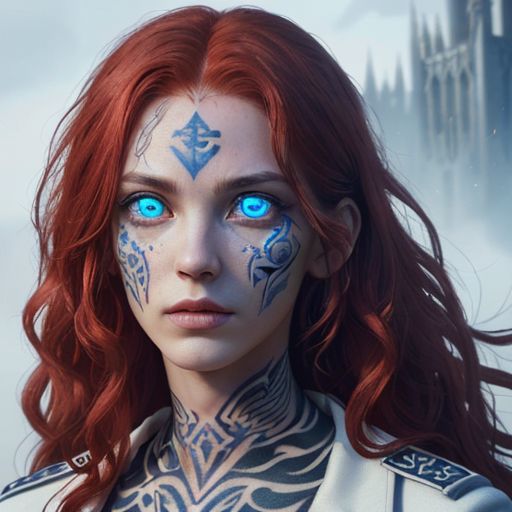 bright red hair, human female, (feminine:1.7), (beautiful face, detailed face:1.6), (beautiful eyes, detailed eyes:1.7), (looking at viewer, eye contact, intense:1.6), (long hair, red hair, curly hair:1.3), , ((masterpiece, best quality, high resolution, realistic, best quality,)), photo realistic, Perfect Face, (detailed face). <lora:GoodHands-vanilla:0.6> <lora:add-detail-xl:0.8>, mage, (Dress White military uniform coat), dagger, rune dagger, glowing runes, , (((glowing magic symbols tattoos, religious tattoos))), ((face tattoos)), glowing tattoos, stone tower in the background