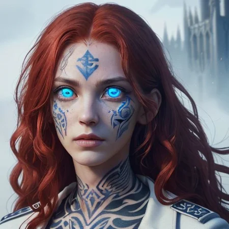 bright red hair, human female, (feminine:1.7), (beautiful face, detailed face:1.6), (beautiful eyes, detailed eyes:1.7), (looking at viewer, eye contact, intense:1.6), (long hair, red hair, curly hair:1.3), , ((masterpiece, best quality, high resolution, realistic, best quality,)), photo realistic, Perfect Face, (detailed face). <lora:GoodHands-vanilla:0.6> <lora:add-detail-xl:0.8>, mage, (Dress White military uniform coat), dagger, rune dagger, glowing runes, , (((glowing magic symbols tattoos, religious tattoos))), ((face tattoos)), glowing tattoos, stone tower in the background