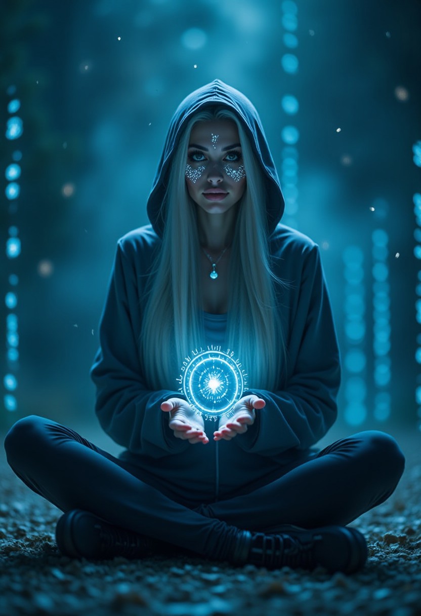 rating_questionable, soft lighting, steamy, depth of field,
photography of a Tech priestess, A circuit embedded hooded person with with intricate cybernetic pupils on her eyes, looking at viewer, her white hair glowing in the dark, with blue binary code floating around in a digital world. Seated cross-legged on the floor, surrounded by floating data streams. Hands forming a round shape, with a glowing symbol in the center. a bunch of random numbers and binary code floating around her.