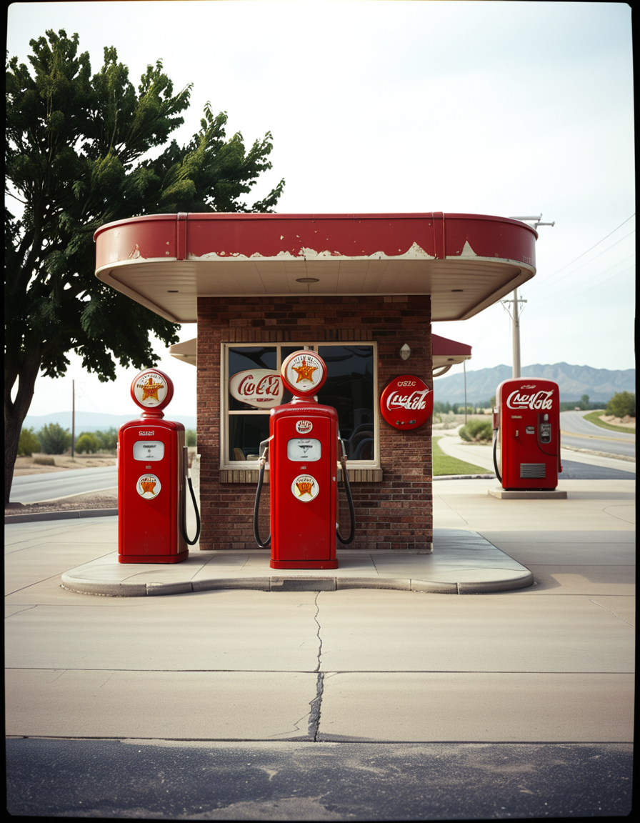 A realistic vintage photograph of a 1950s American gas station with no people present. The small brick building has a flat roof with a wide canopy extending over two classic red gas pumps from the 1950s, featuring chrome details, round meters, spiral hoses, and retro branding like "Texaco" or "Shell".The ground is old concrete with cracks and oil stains. Beside the station, there's a vintage Coca-Cola vending machine and a hand-painted wall sign that reads âDrive Safely!â. The sky is lightly overcast, casting soft shadows and a nostalgic mood. In the background, leafy trees, distant low hills, and an empty country road stretch into the distance. The photo has a slightly faded, desaturated color palette with warm vintage tones and a subtle grain, mimicking the look of 1950s Kodak film photography. The overall atmosphere is calm, quiet, and deeply nostalgic.
<lora:SDXLFaeTastic2400:0.4> <lora:extremely_detailed:0.4> extremely detailed, <lora:1950s_American_gas_st4t10n:1>,1950s American gas st4t10n, Masterpiece,best quality,hi res,8k,hi res,8k,award winning,(sharp focus, intricate, highly detailed),