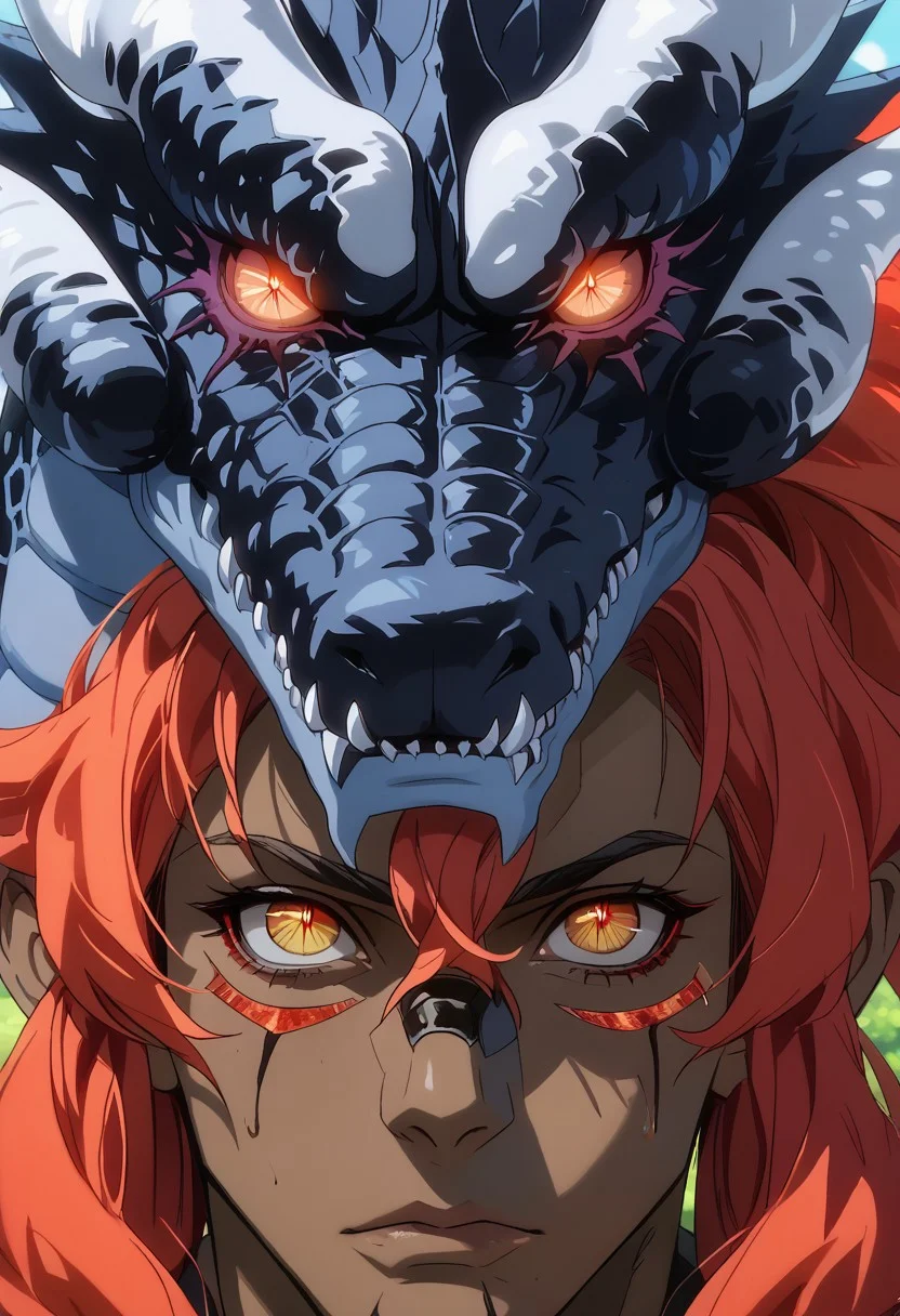 score_9, score_8_up, score_7_up, source_anime, rating_safe, VeldoraTGRS, white_Veldora_dragon horns, pokemon (creature), IfritTGRS, red_Ifrit_fiery hair, red-yellow_Ifrit_glowing eyes, 1boy, interspecies couple focus, anime screencap,