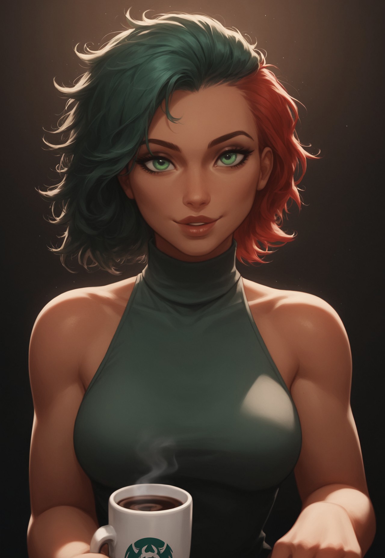 safe_pos, score_9, score_8_up, score_8,  European coffee shop, plain black coffee mug, moody lighting, sleek white turtleneck, 
 1girl, sexy girl, lesbian, solo,38 years old, hair in messy ponytail, green eyes, red hair,
 ( perky (medium breasts)), (full juicy lips), 
 tan, 
aroused,sunshine, sexy smile, 
eye contact, looking seductively at viewer, 
full color