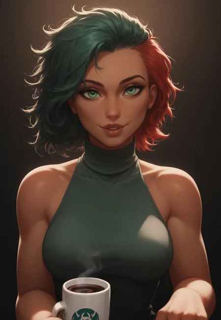 safe_pos, score_9, score_8_up, score_8, European coffee shop, plain black coffee mug, moody lighting, sleek white turtleneck,
1girl, sexy girl, lesbian, solo,38 years old, hair in messy ponytail, green eyes, red hair,
( perky (medium breasts)), (full juicy lips),
tan,
aroused,sunshine, sexy smile,
eye contact, looking seductively at viewer,
full color