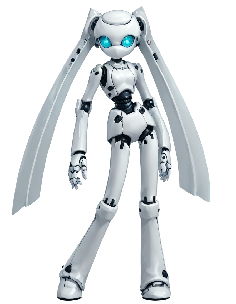 score_9, score_8_up, score_7_up, score_6_up, score_5_up, score_4_up, source_anime,  drosselvonflugel, solo, looking at viewer, simple background, white background, very long hair, standing, full body, hand on hip, glowing, mechanization