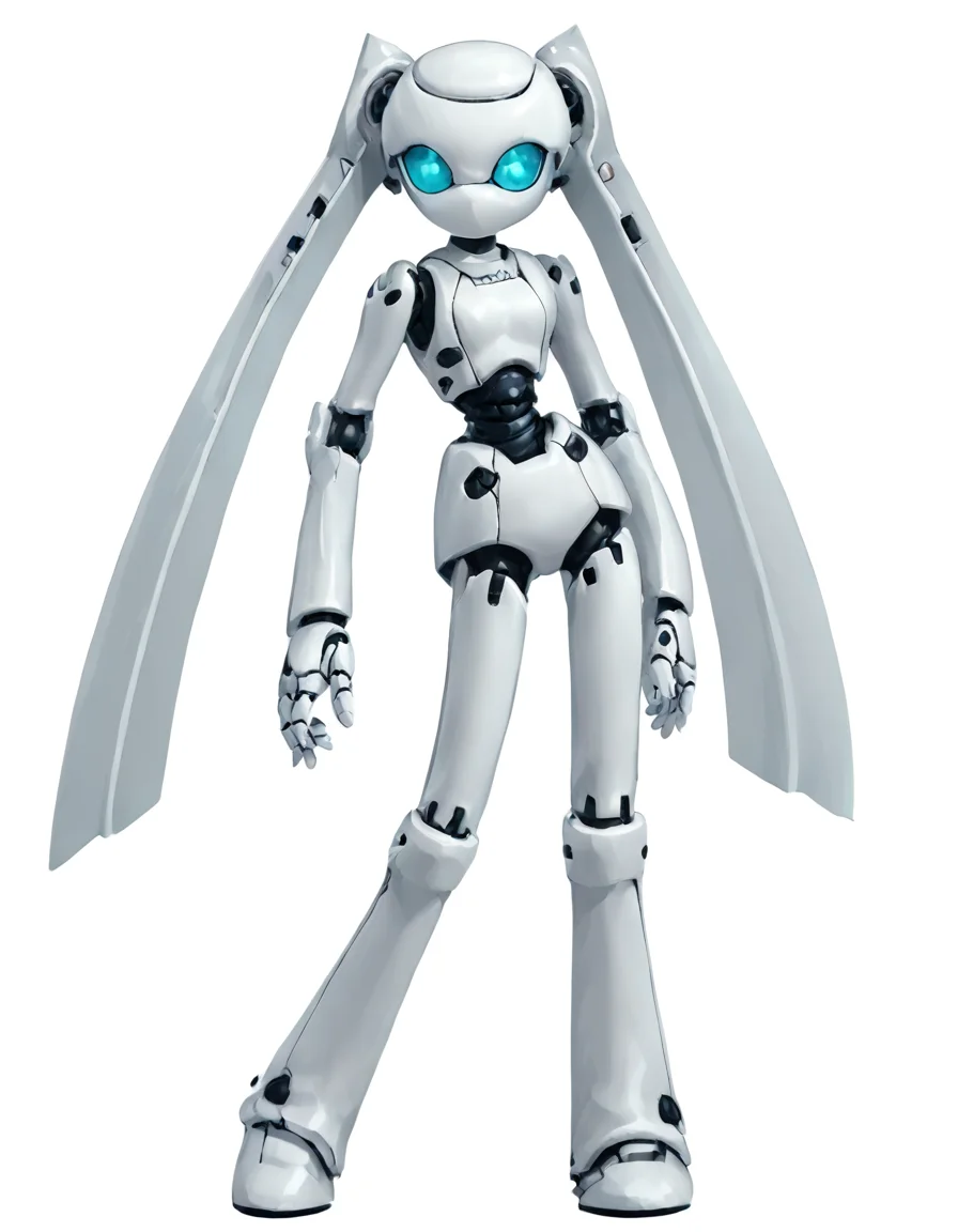 score_9, score_8_up, score_7_up, score_6_up, score_5_up, score_4_up, source_anime,  drosselvonflugel, solo, looking at viewer, simple background, white background, very long hair, standing, full body, hand on hip, glowing, mechanization