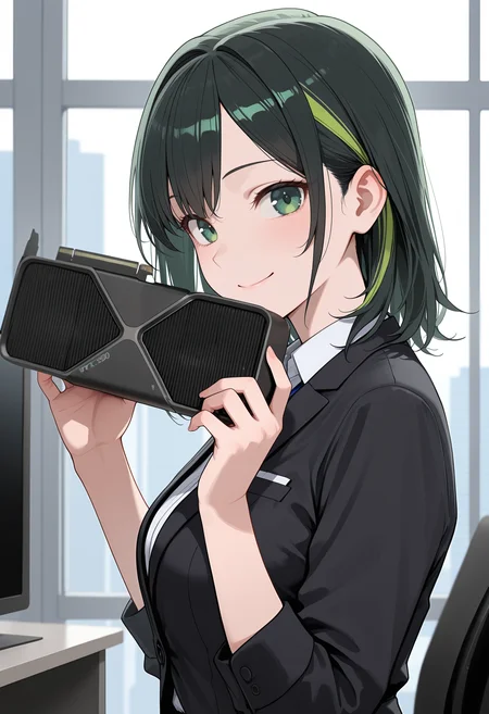 masterpiece, best quality, high score, great score, ultra-detailed, intricate details, very aesthetic, newest, hires, absurdres, from side, portrait, 1girl, medium hair, black hair, green hair, streaked hair, green eyes, office lady, looking at viewer, smile, hands up, holding, graphics card, <lora:rtx5090_illustrious:1> rtx5090, indoors, office