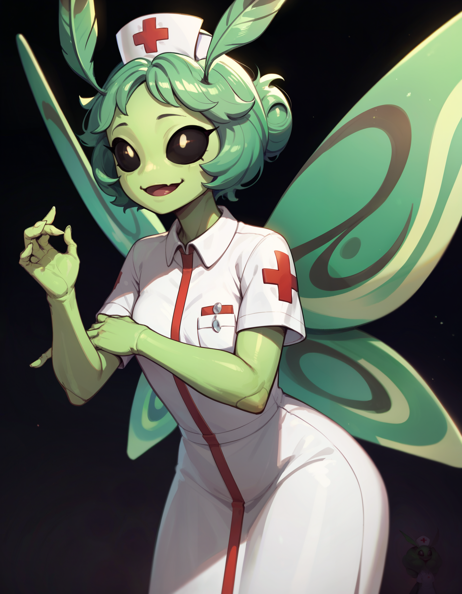embedding:PDXL\zPDXL,(Masterpiece:1.4),(best quality:1.2),score_9,score_8_up,score_7_up,score_6_up,solo,dark background,ni4nchiki,moth girl,smiling,open mouth,antennae,small breasts,colored sclera,black sclera,hollow eyes,raised eyebrows,(folded wings:1.3),(green skin:1),white nurse hat,nurse outfit,(green claws:0.5),standingfull body         <lora:MyTrainings\Temp\SS13\Nianchiki_XL_Pony.safetensors:0.8>