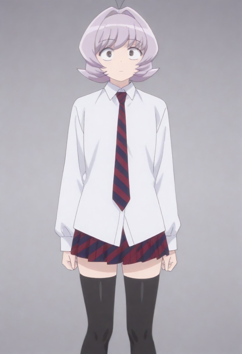 masterpiece, best quality, amazing quality,,, shiny skin,,,,,<lora:Osana_Najimi_cnn:0.8> osananajimicnn,,short hair, brown eyes,androgynous, light purple hair, school uniform, white shirt, striped necktie,striped skirt, pleated skirt,black thighhighs,