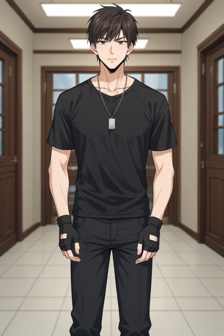 score_9, score_8_up, score_7_up,score_6_up,score_5_up,score_4_up,source_anime,BREAK, rating_safe, intricate details, , anime screencap, anime coloring, official style, depth of field,1boy, solo, male focus,<lora:nie_ting:0.86>,nie ting,dark brown hair,messy black hair,black eyes,short hair,Looking at viewer, shirt, gloves, standing, boots, black gloves, pants, fingerless gloves, necklace, black shirt,indoors,t-shirt,dog tags , , , <lora:sdxl_lightning_8step_lora_315544:1>