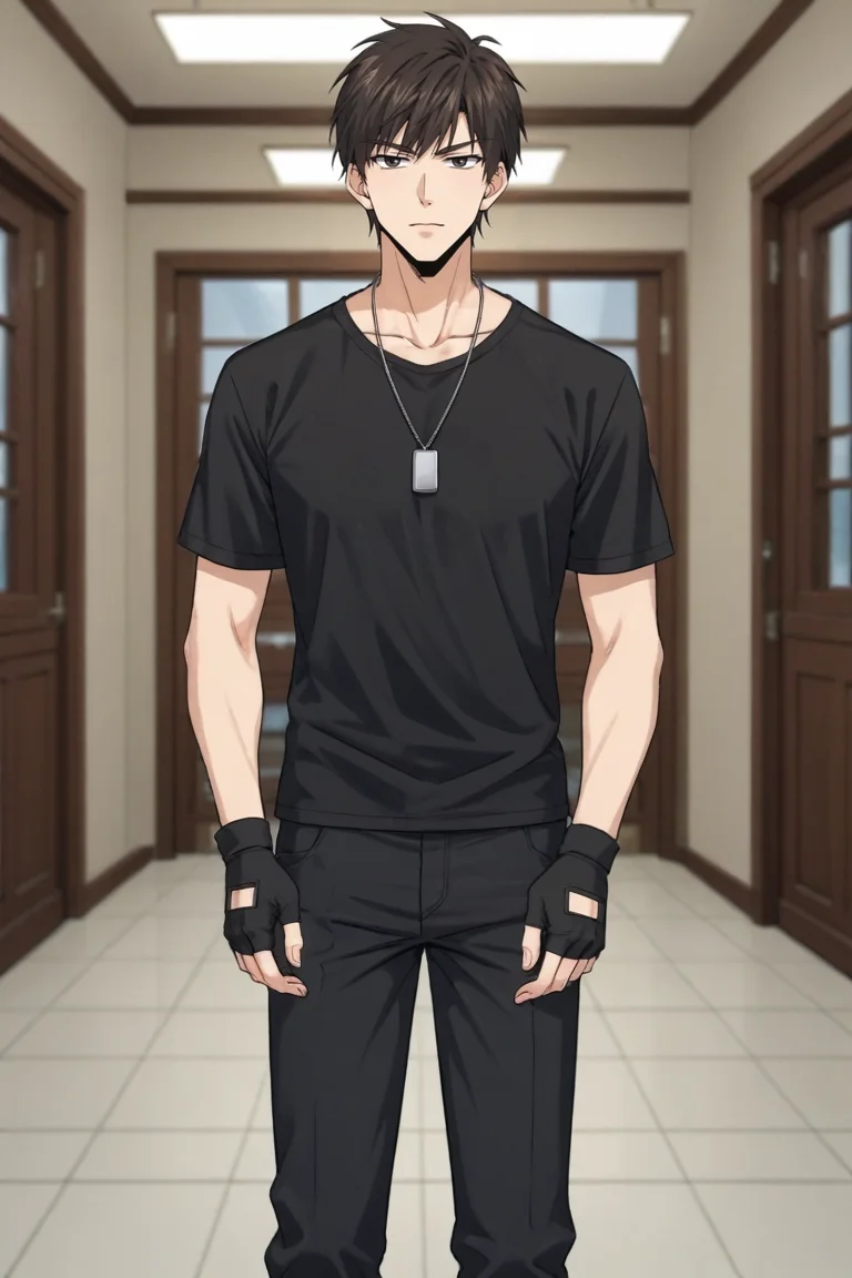 score_9, score_8_up, score_7_up,score_6_up,score_5_up,score_4_up,source_anime,BREAK, rating_safe, intricate details, , anime screencap, anime coloring, official style, depth of field,1boy, solo, male focus,<lora:nie_ting:0.86>,nie ting,dark brown hair,messy black hair,black eyes,short hair,Looking at viewer, shirt, gloves, standing, boots, black gloves, pants, fingerless gloves, necklace, black shirt,indoors,t-shirt,dog tags , , , <lora:sdxl_lightning_8step_lora_315544:1>