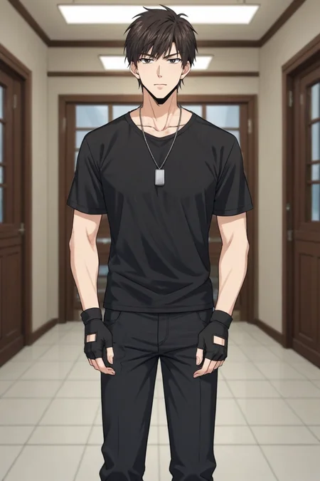 score_9, score_8_up, score_7_up,score_6_up,score_5_up,score_4_up,source_anime,BREAK, rating_safe, intricate details, , anime screencap, anime coloring, official style, depth of field,1boy, solo, male focus,<lora:nie_ting:0.86>,nie ting,dark brown hair,messy black hair,black eyes,short hair,Looking at viewer, shirt, gloves, standing, boots, black gloves, pants, fingerless gloves, necklace, black shirt,indoors,t-shirt,dog tags , , , <lora:sdxl_lightning_8step_lora_315544:1>
