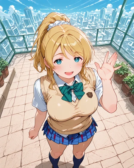 IllusP0s, PonyScores7, source_anime, ah1, IllustriousQual, interesting, exciting, spectacular, wonderful, amazing quality, absolutely eye-catching, very awa, SimplePositiveXLv3,
BREAK detailxl, amazing quality, best aesthetic, absurdres, illustration, Volumetric_Lighting, ultra-detailed, very aesthetic, intricate details, best_quality, lazympos, anime style, Stable_Yogis_PDXL_Positives,
BREAK (((waist measuring))), dynamic pose, dynamic_anime_art,
BREAK skindentation, glistening skin, perfection style, perfection, hairdetailpxl, expressive eyes, perfecteyes, HDeyes, detailed eyes, lips, iris lines, <lora:Eli_Ayase_Love_Live:0.1>, 1girl, Eli Ayase (character), ayase eli, breasts, ((Eli school uniform (outfit), otonokizaka school uniform, school uniform, skirt, socks, window, white scrunchie, kneehighs, sweater vest, bow, green bow, striped bow)), blonde hair, long hair, ponytail, blue eyes,
BREAK (((waving arms in frustration expression))), emotional, looking at viewer, FaceDetail, kaogei,
BREAK (((Futuristic rooftop garden with automated plant care and sustainable design))), ((((from above), (from back), chest focus))), 4k, 8k, Ultra HD, Masterpiece, Best quality, Detailed background, foreshortening, extreme perspective, full_details, addmicrodetails, SmoothNoob_Quality,