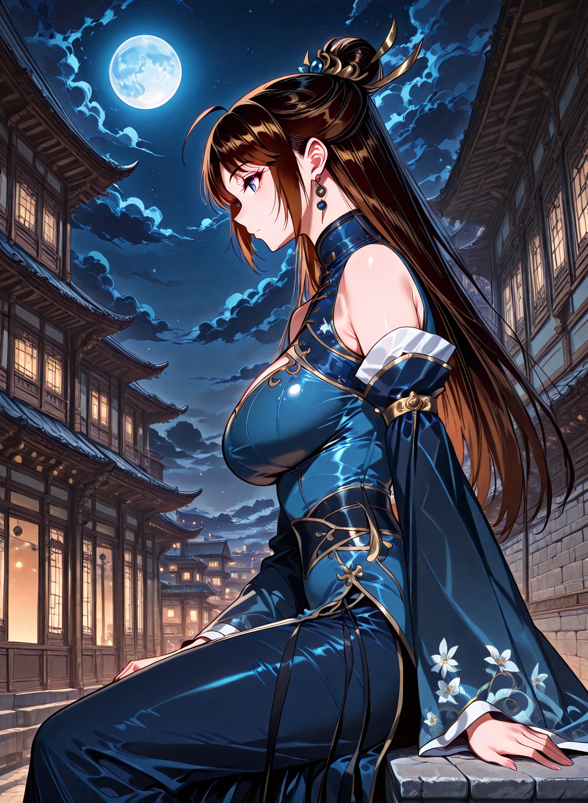 <lora:Xiao_Ruoyin__I_am_the_Fated_Villain__Illustrious:1>
1 girl, solo, blue eyes, long hair, brown hair, black hair, hair bun, ahoge, big breasts
chinese clothes, blue dress, detached sleeves, jewelry, earrings, hair ornament, bare shoulders
score_9, score_8_up, score_7_up, score_6_up, source_anime, masterpiece, best quality, absurdres, highres, newest, anime coloring <break>  1girl, solo, sitting, on wall, from side, town, night sky, cloud night, blue moon, <lora:iLLMythG0thicL1nes:1>