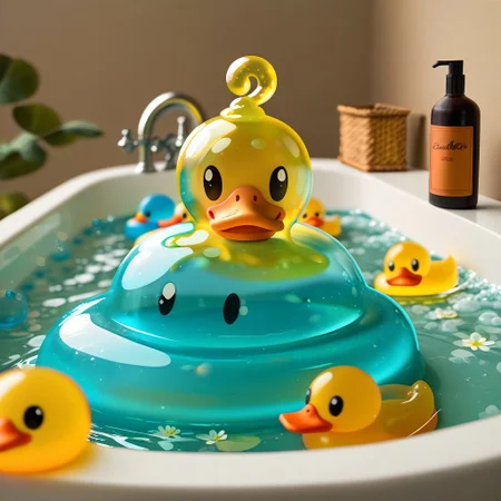 {1duck, 1 bath duck made out of slime, (slime duck:1.5), (yellow slime body:2), (orange slime beak:2), (glossy black eyes:1.5), translucent slime duck, transparent slime duck}
hud_sp_bth, flower, petals, water, bath, in an elegant bath tub, bubbles made out of slime, slimes hiding in the bath bubbles, bubble bath, perspective from inside tub, prespective from inside bath, lots of frothy bubbles,
everything made of slime, No simple background,
((translucent slime)), ((transparent slime)), (bioluminescent slime), sl1m3d, slime, slime-morph, saturated colors, no humans, no people, no man, no woman,