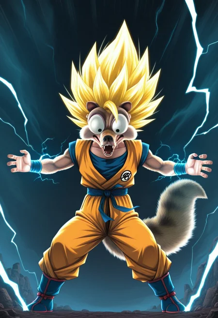 Masterpiece, best quality, 8k, newest, absurdres, highly detailed, Scrat, long snout, bushy tail, bulging eyes, striped tail, going super sayan, blonde hair, goku, open mouth, electricity, detailed background, clenched firsts,