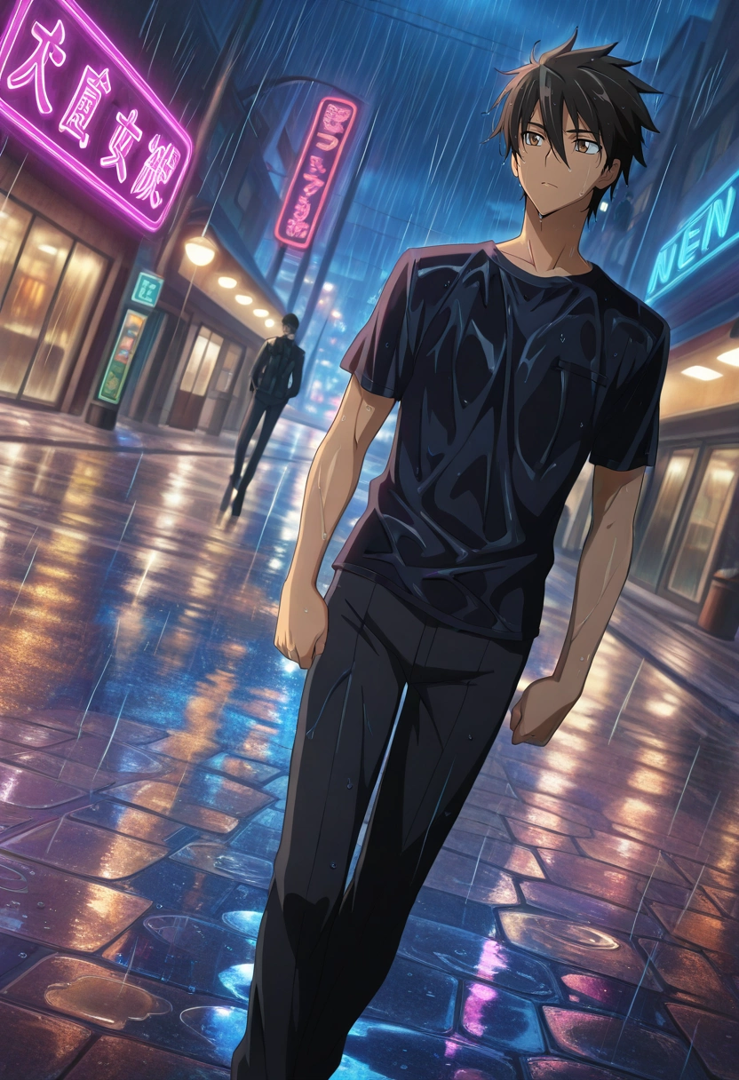 masterpiece, best quality, , anime screencap, , official style, , 1boy, solo, male focus, <lora:takashi_komuro_ilxl:0.9>, takashi_komuro, black hair, brown eyes, short hair, hair between eyes, street, neon sign, wet pavement, reflection, street light, urban, rain, dutch angle, night, walking pose, melancholic expression,