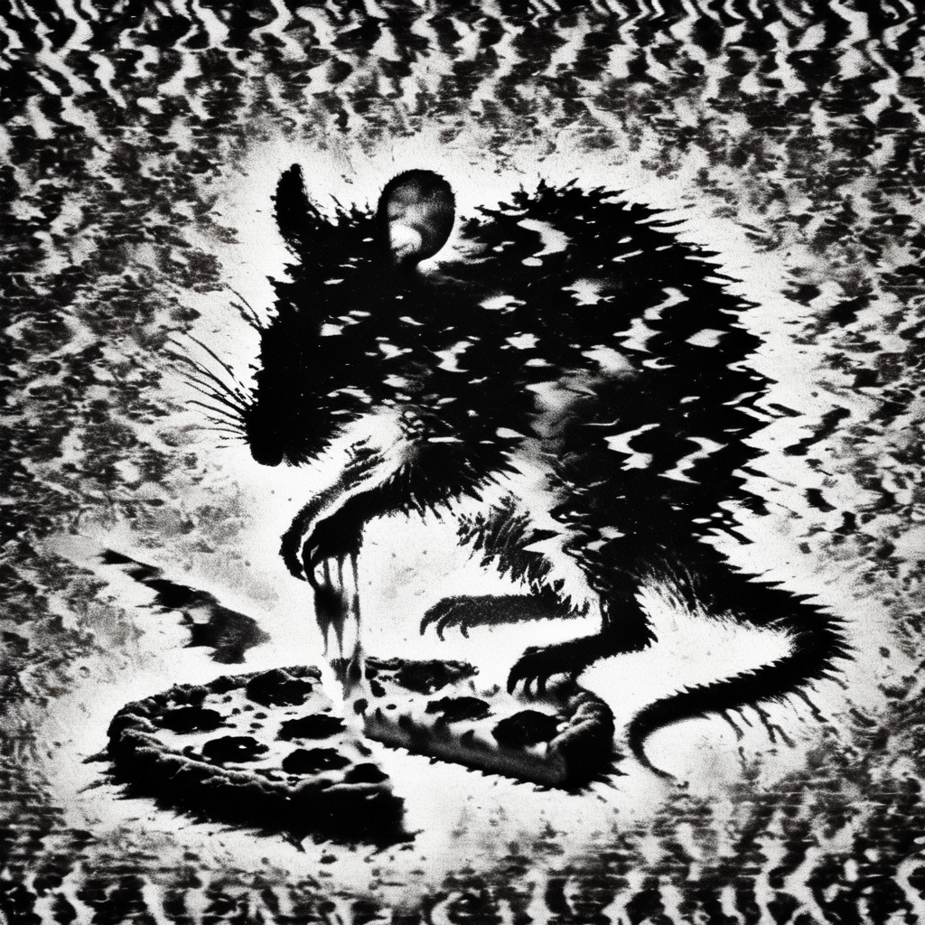interferenze rat eating pizza, black and white<lora:interferenze :1>