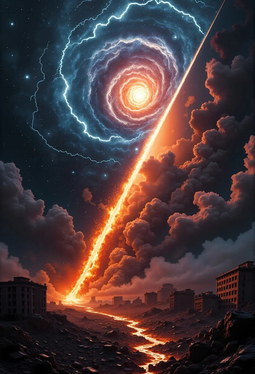 neurochaos. Diagonal Split: Sky Rising, Earth Falling
A diagonal slash cuts across the image, with the top right consumed by cosmic chaos and the bottom left collapsing into shadow. In the upper right, glowing nebulae and spiraling galaxies drift across the void, illuminated by streaks of radiant lightning. Stars explode in the distance, sending shockwaves that distort space itself.
In the lower left, the earth crumbles, buildings swallowed by massive fissures that spew molten fire. Pools of lava flood the land, while heavy black clouds descend, blotting out the last vestiges of light. The contrast between ascension and decay is stark, as if the heavens rise while the earth falls apart.