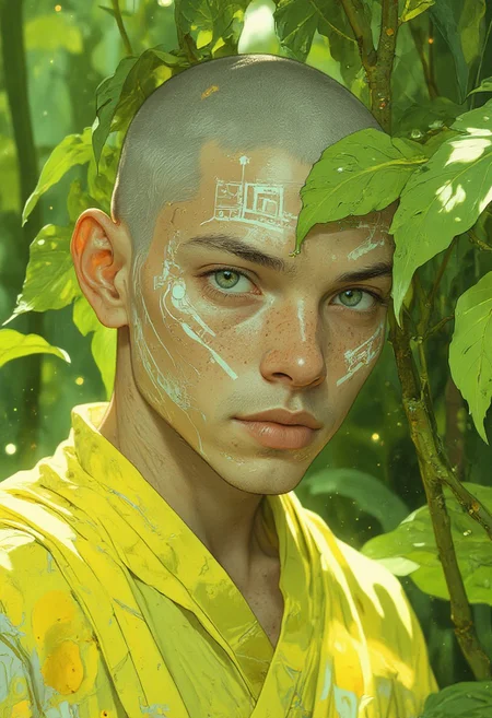 This digital illustration features a hyper-realistic close-up of a pale-skinned young adult male (realism:1.4), of European descent (ethnicity:1.3), with a clean-shaven, angular face (face structure:1.4) adorned with intricate white facial markings inspired by the Nuba tribe of Africa (facial markings:1.5), composed of precise linear and geometric designs (geometry:1.5) accentuating his cheeks and forehead. His nearly bald head, trimmed short with faint hair (hair texture:1.3), adds subtle depth, while diffused and gentle lighting (lighting:1.4) casts a soft glow, emphasizing his serene and introspective gaze directed slightly away from the viewer (gaze:1.4). A vibrant Monstera deliciosa leaf (Monstera leaf:1.5) with dramatic perforations (leaf detail:1.4) partially obscures one side of his face, introducing an exotic elegance. Draped in a fresh lemon green Buddhist robe (robe:1.4) complementing his pale skin and facial markings, he exudes tranquility and poise. The vivid lemon green background (background:1.4) glows brightly, adding depth and accentuating his features. Softly drifting sparkling particles (particles:1.3) amplify the dreamlike and harmonious atmosphere. Rendered in HD 8K quality (quality:1.5), this ultra-detailed masterpiece (masterpiece:1.6) captures flawless anatomy (anatomy:1.5) and creates a visually stunning scene.