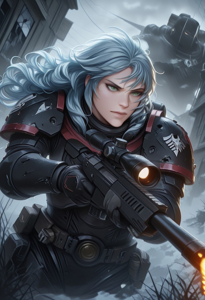 masterpiece, best quality, high quality, newest, highres,8K,HDR,absurdres, dynamic angle, realistic,  wearing edgRG_(power armor), pauldrons, raven emblem, solo, 1girl, Alice, light_blue hair, wavy hair, long hair, green eyes, perfect eyes, holding a sniper, broken window, silhouette, creepy, backlit, haunted, storm,  fog, mist, cold, blue fog,  fire, explotion, dutch angle,  dark outside, solo, close up, mid shot, dutch angle, half body portrait,  <lora:edgIllustriousXL_Raven_Guard:1>