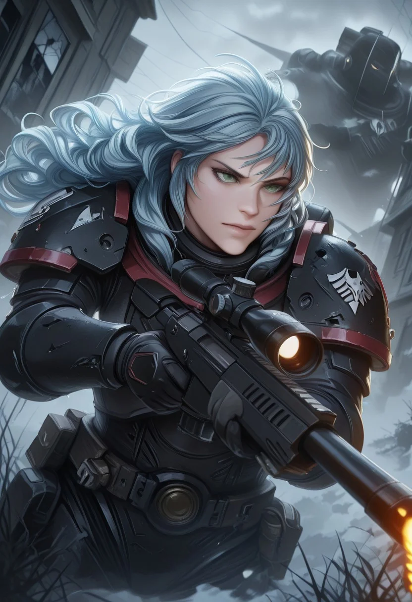 masterpiece, best quality, high quality, newest, highres,8K,HDR,absurdres, dynamic angle, realistic,  wearing edgRG_(power armor), pauldrons, raven emblem, solo, 1girl, Alice, light_blue hair, wavy hair, long hair, green eyes, perfect eyes, holding a sniper, broken window, silhouette, creepy, backlit, haunted, storm,  fog, mist, cold, blue fog,  fire, explotion, dutch angle,  dark outside, solo, close up, mid shot, dutch angle, half body portrait,  <lora:edgIllustriousXL_Raven_Guard:1>