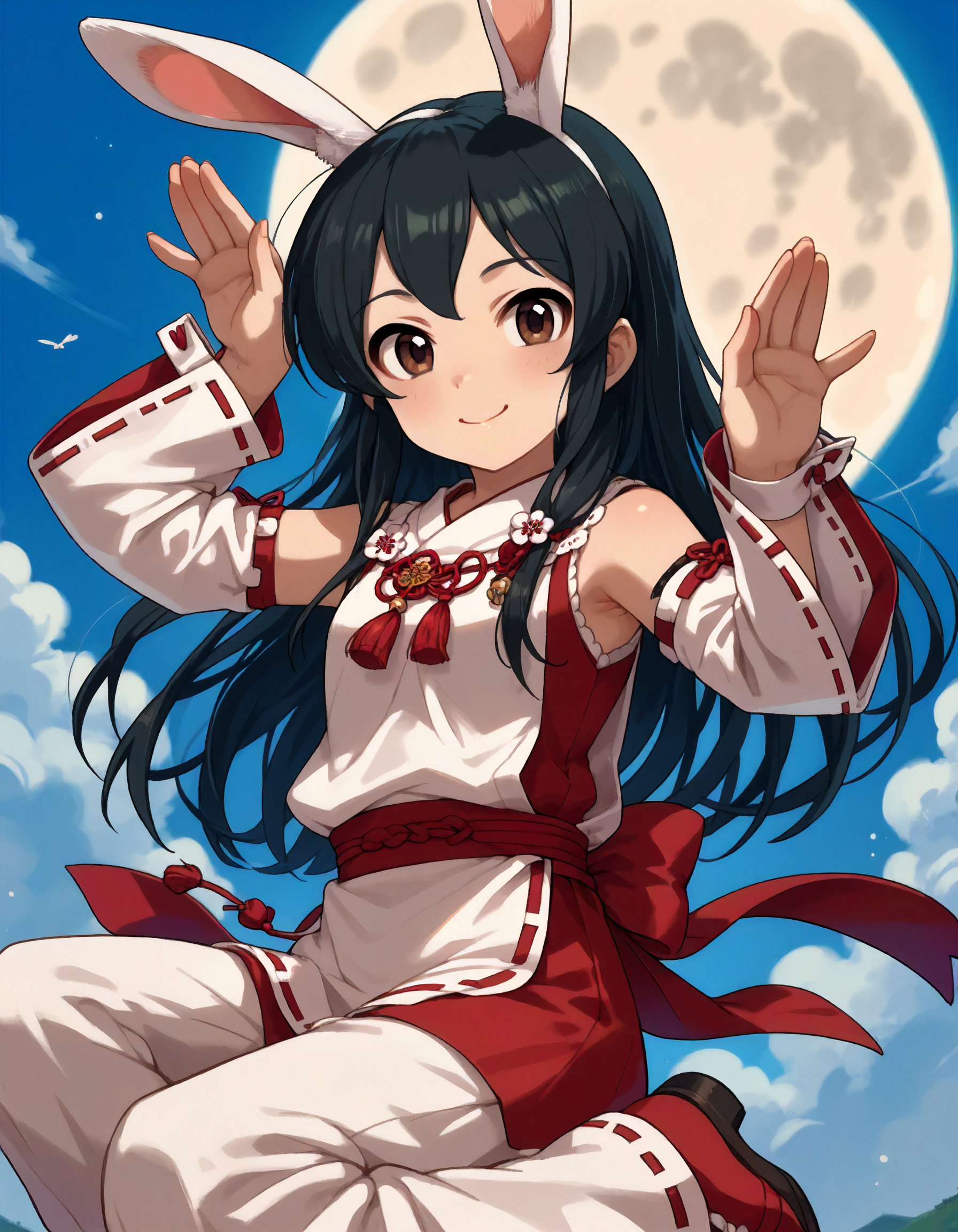 score_9,score_8_up,score_7_up,1girl,solo,looking at viewer,smile,closed mouth,rabbit pose,full moon,jumping,
<lora:ooishiizumi_ponyXLV6:0.8>,cgoi,
black hair,long hair,brown eyes,
rabbit ears,miko,detached sleeves