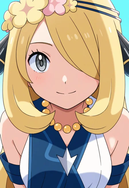 2d, masterpiece, best quality, amazing quality, 1girl, solo, close-up, standing, smile, upper body, leaning_forward, looking at viewer, multicolored background, sparkle, gradient background, colorful background, green background, blue background, cynthia \(pokemon\), blonde hair, grey eyes, hair over one eye, flower wreath, head wreath, bead necklace, sleeveless dress, blue dress, white dress, bare shoulders, armlet, bracelet