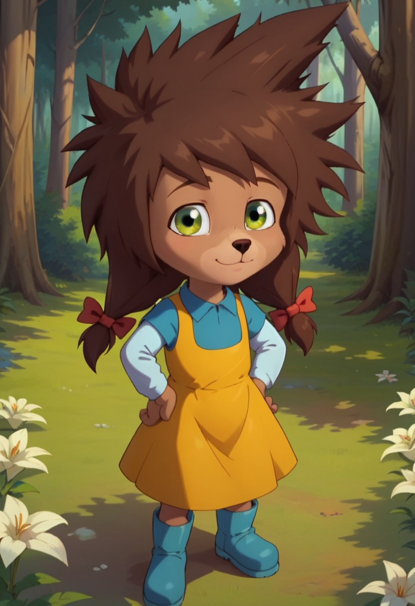 ((forest background)),score_9, score_8_up, score_7_up,score_6_up, 
1girl, solo, furry, anthro, lily_moah, brown fur, green eyes, auburn brown hair, spiked wild hair, pigtails with red bows, dark brown small round nose, small snout, blue collar shirt with white long-sleeved, yellow sleeveless dress, blue rain boots, big eyes, cute face, short stature, perfect eyes, cowboyshot, hands on hips, looking at the viewer, standing
