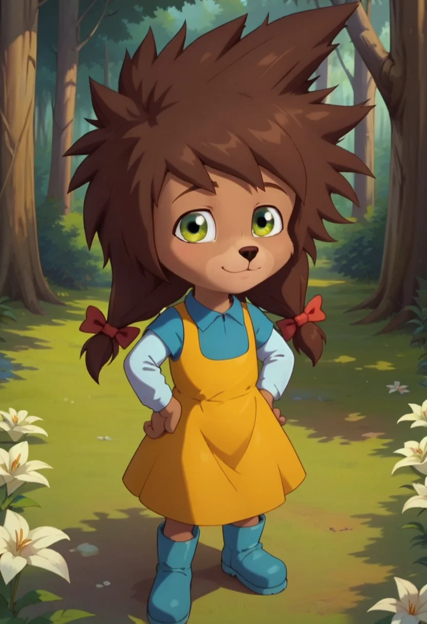 ((forest background)),score_9, score_8_up, score_7_up,score_6_up,
1girl, solo, furry, anthro, lily_moah, brown fur, green eyes, auburn brown hair, spiked wild hair, pigtails with red bows, dark brown small round nose, small snout, blue collar shirt with white long-sleeved, yellow sleeveless dress, blue rain boots, big eyes, cute face, short stature, perfect eyes, cowboyshot, hands on hips, looking at the viewer, standing