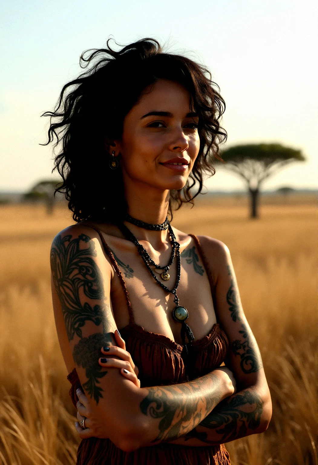 Photorealistic photography of a tattooed beauty, a 40 years old woman with black hair, adorned with bohemian accessories, in a softly lit environment.Arms crossed over the chest, with a soft smile.African Savanna with tall grasses, acacia trees, and a wide-open sky.