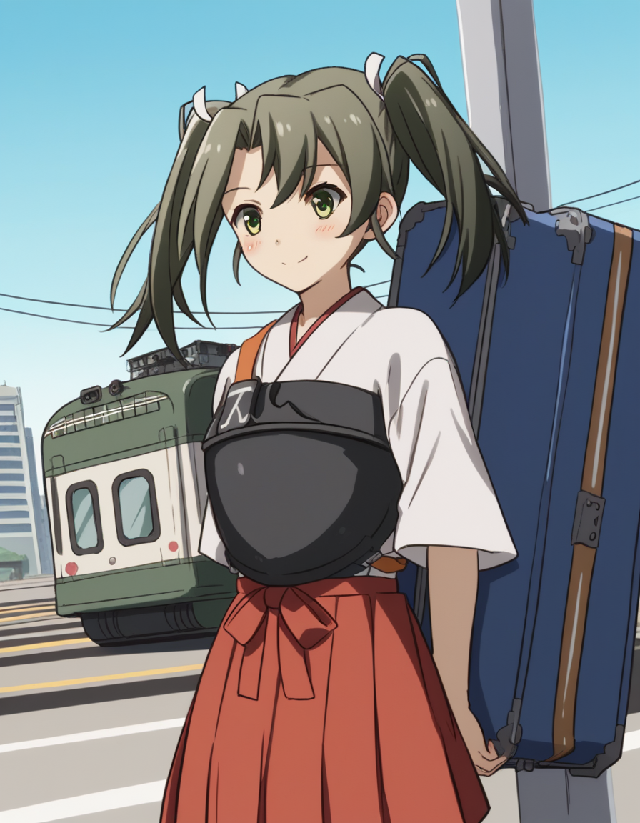 score_9, score_8_up, score_7_up, source_anime, <lora:kacolle-zuikaku-s1-ponyxl-lora-nochekaiser:1>, zuikaku, long hair, ribbon, twintails, green eyes, hair ribbon, zuikaku (kancolle), skirt, japanese clothes, muneate, red skirt, pleated skirt,, train station, waiting for train, suitcase, traveling, commute, city skyline, hands behind back,, smile, , hands on stomach, blush,, solo,, cowboy shot, dutch angle