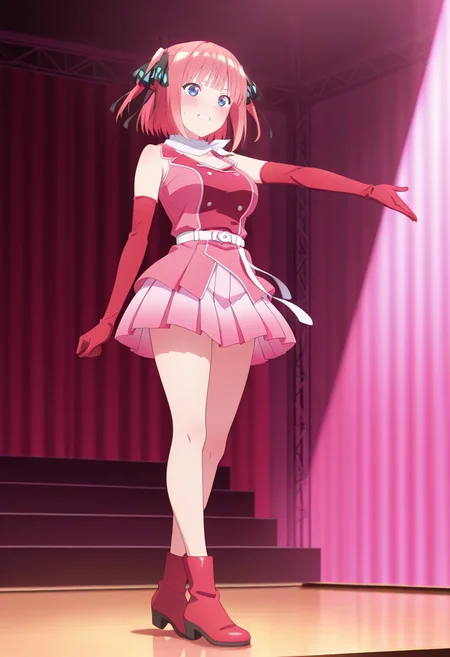 newest, masterpiece, best quality, 4k,
indoors, stage, very aesthetic, detailed background, full body,
1girl, solo, <lora:Nino Nakano:1> nino,short hair, bangs, blue eyes, hair ornament, hair ribbon, pink hair, blunt bangs, two side up, butterfly hair ornament,large breasts, idol, pink shirt, sleeveless, pleated skirt, pink skirt, elbow gloves, red gloves, white belt, scarf, clenched teeth