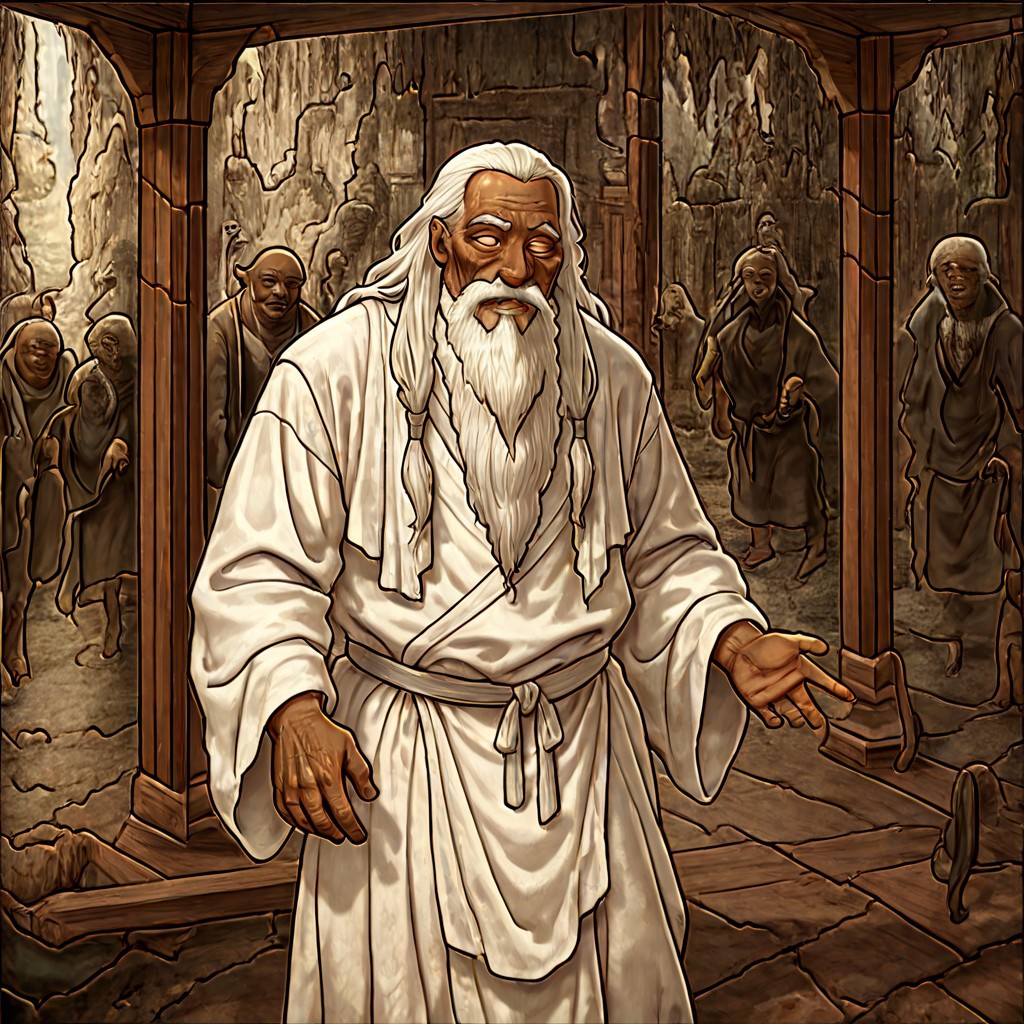 masterpiece, best quality, newest, absurdres, highres, H3GM/P-V1.1, 
1boy, dark skin, dark skinned male, white hair, long beard, long hair, monk, white robe, white eyes, blind eyes, wrinkles, wrinkled face, wrinkled, wrikly, old, mature, old man