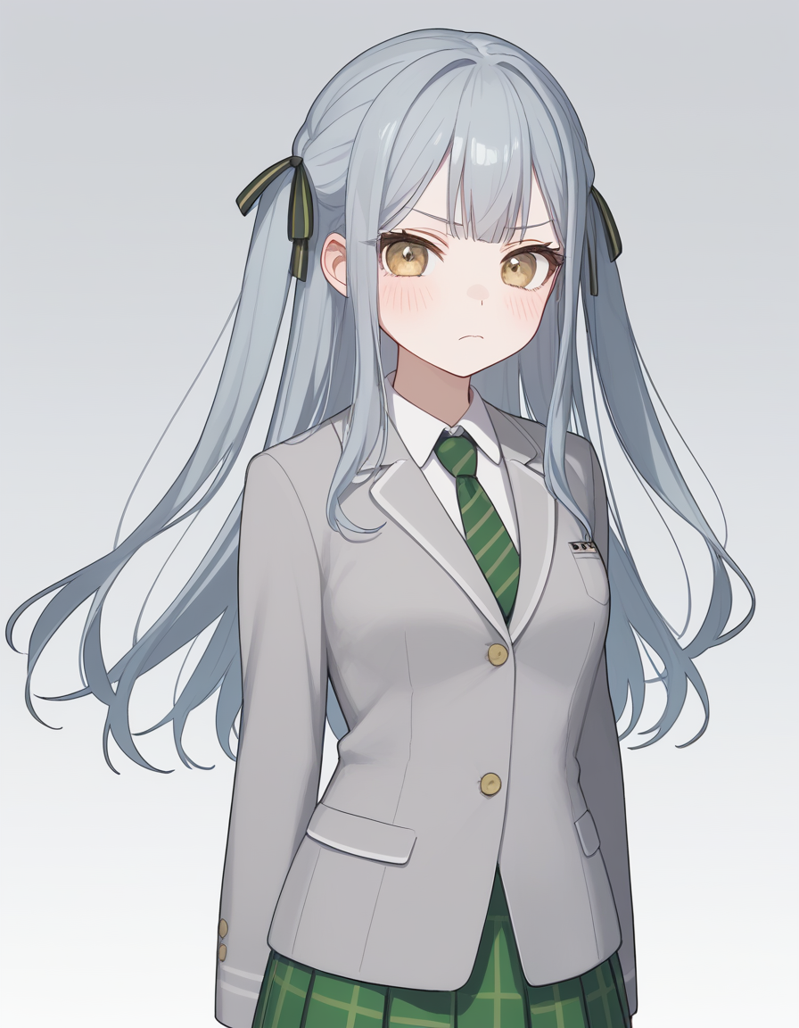 togawa sakiko, 1girl, solo, looking at viewer, gradient background, <lora:togawa_sakiko_ponyXL_V1.1:1>, medium breasts, frown, arms at sides, cowboy shot, long hair, two side up, school uniform, green striped necktie, blush, buttons, white shirt, long sleeves, collared shirt, grey jacket, blazer, green plaid pleated skirt,, score_9, score_8_up, score_7_up