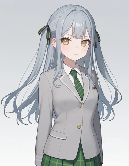 togawa sakiko, 1girl, solo, looking at viewer, gradient background, <lora:togawa_sakiko_ponyXL_V1.1:1>, medium breasts, frown, arms at sides, cowboy shot, long hair, two side up, school uniform, green striped necktie, blush, buttons, white shirt, long sleeves, collared shirt, grey jacket, blazer, green plaid pleated skirt,, score_9, score_8_up, score_7_up