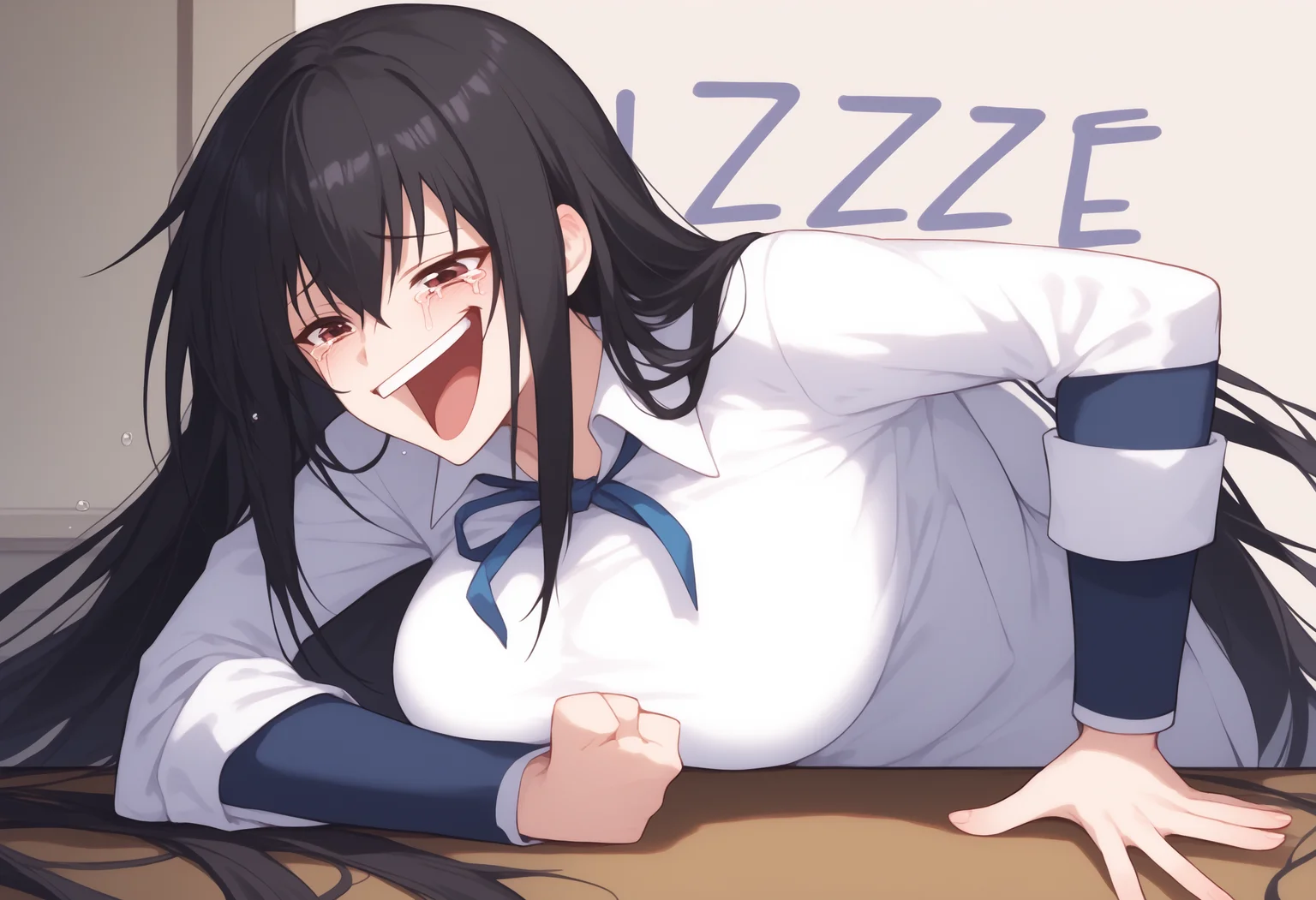 score_9, score_8_up, score_7_up, source_anime, solo, 1girl, <lora:Wheeze_XLPD:1>, KawaMomo, Kawakami, black hair, long hair, open mouth, tears, laughing, hand on table, english text, clenched hand, laying forward, large breasts, BREAK indoors, table, pink bedroom, pillows, action figures, Wheeze, <lora:Momo_Kawa_V1:0.8>