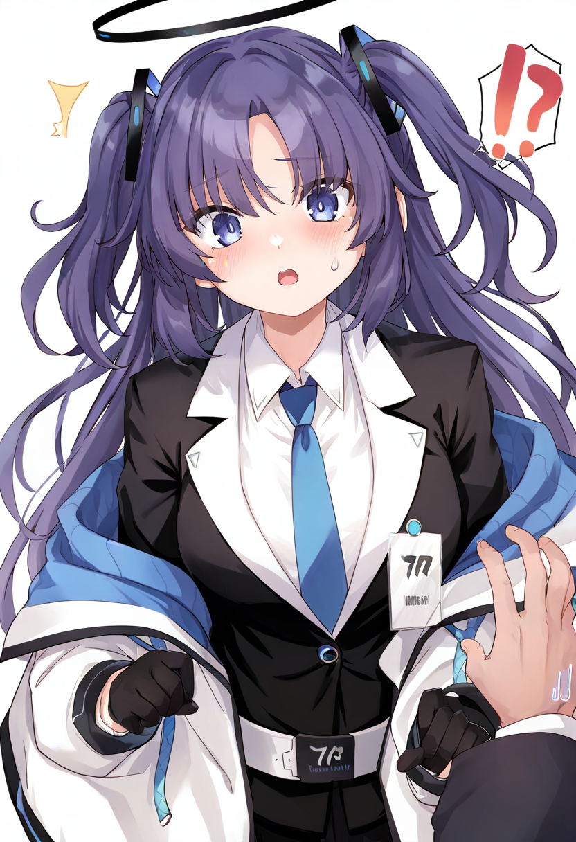 1girl,1other,yuuka \(blue archive\),blue archive,!,belt,blue eyes,blush,bright pupils,collared shirt,gloves,grabbing another's arm,half gloves,halo,id card,jacket,long hair,long sleeves,mechanical halo,necktie,open clothes,open jacket,open mouth,parted bangs,purple hair,shirt,solo focus,suit,sweatdrop,two-sided fabric,two-sided jacket,two side up,white belt,white pupils,pov hands,!?,sidelocks,blue necktie,simple background,black gloves,two-sided coat,off shoulder,spoken exclamation mark,pov,id photo,!!,formal,hair ornament,black suit,white shirt,looking at viewer,upper body,coat <lora:kedamaMilkXL_NBVP1_lokr_V6311PZ:0.95>