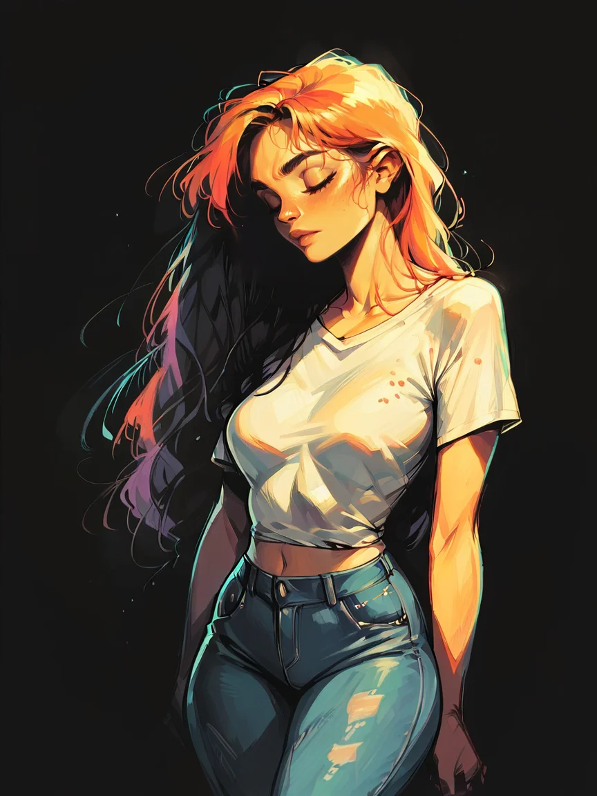 score_9, score_8_up, score_7_up, score_6_up, score_5_up, <lora:bp4rtXLP:1> bp4rt, black background, 1girl, curvy, jeans, t-shirt, colorful
