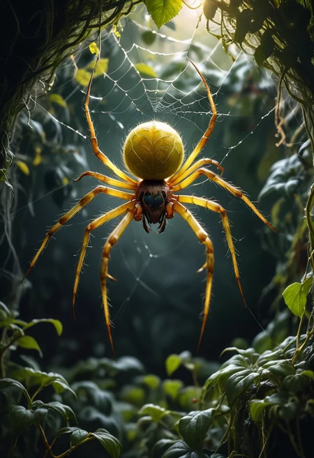 (medium full shot) of (ethereal spider) with a yellow slim frame , large size, hairy legs with sharp claws, sticky web, glowing silk thread, located in an overgrown garden, with thick vines, hidden webs, buzzing insects, and a wild atmosphere, ,Masterpiece,best quality, raw photo, realistic, very aesthetic, dark