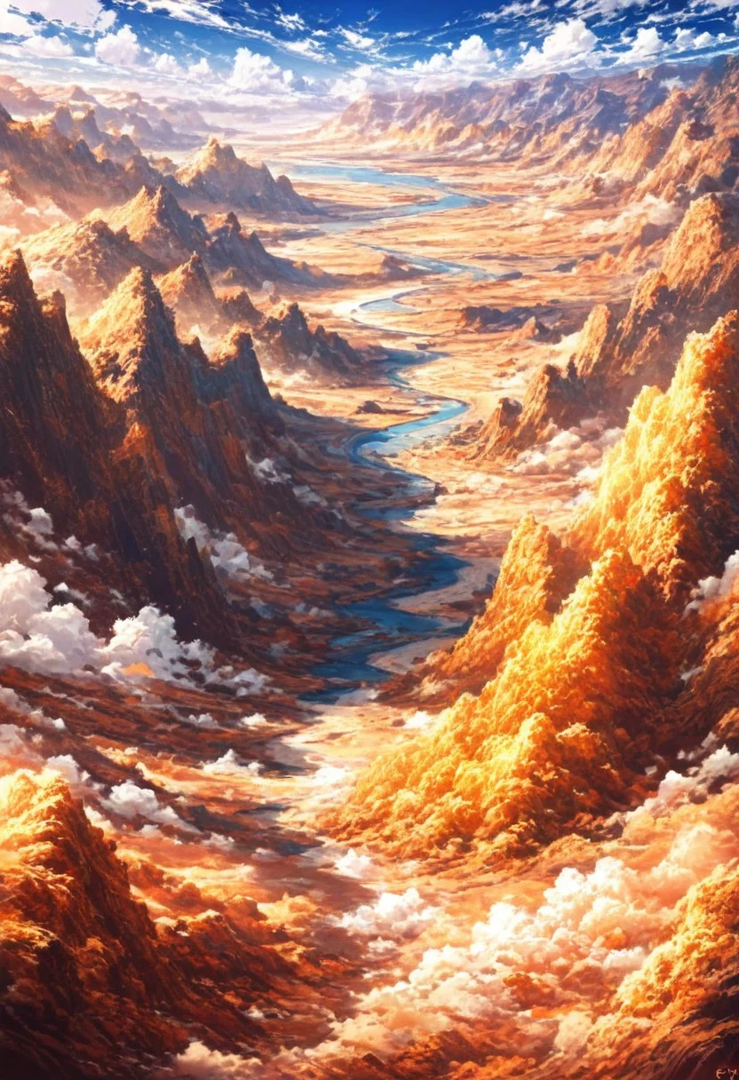 masterpiece, very aesthetic, absurdres, newest, dfc, landscape, desert, valley, river, clouds, mountains made of deep fried & crispy breading, blue sky, clouds