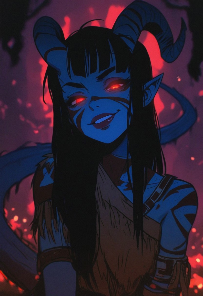 SPNGS, masterpiece, best quality, amazing quality, 1girl, portrait, beautiful, tiefling shaman, black hair, (long hair:1.3), side bangs, horns, barbarian, gladiator, war paint, tribal markings, long tail, blue skin, red lips, red eyes, glowing eyes, (smug:0.85), dramatic lights, detailed