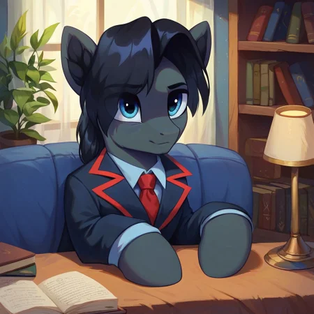 masterpiece, score_9_up, score_8_up, score_7_up, score_6_up, (best quality:1.1), ultra-detailed, high resolution, solo, Sinister Serov, pony, mlp, feral, thin eyebrows, blue eyes, stallion, male, pony ears, black ear fluff, black skin, black mane, curtain bangs, tail, full dressed, black suit, red tie, detailed facial features, expressiveh, highly visible, sharp focus, anatomically correct, detailed background, black indoors, modern times, home, metal table, sitting, leaning on table, bookshelf, armchair, books, lamp on table, three quarter view, expressiveh, highly visible, sharp focus, anatomically correct