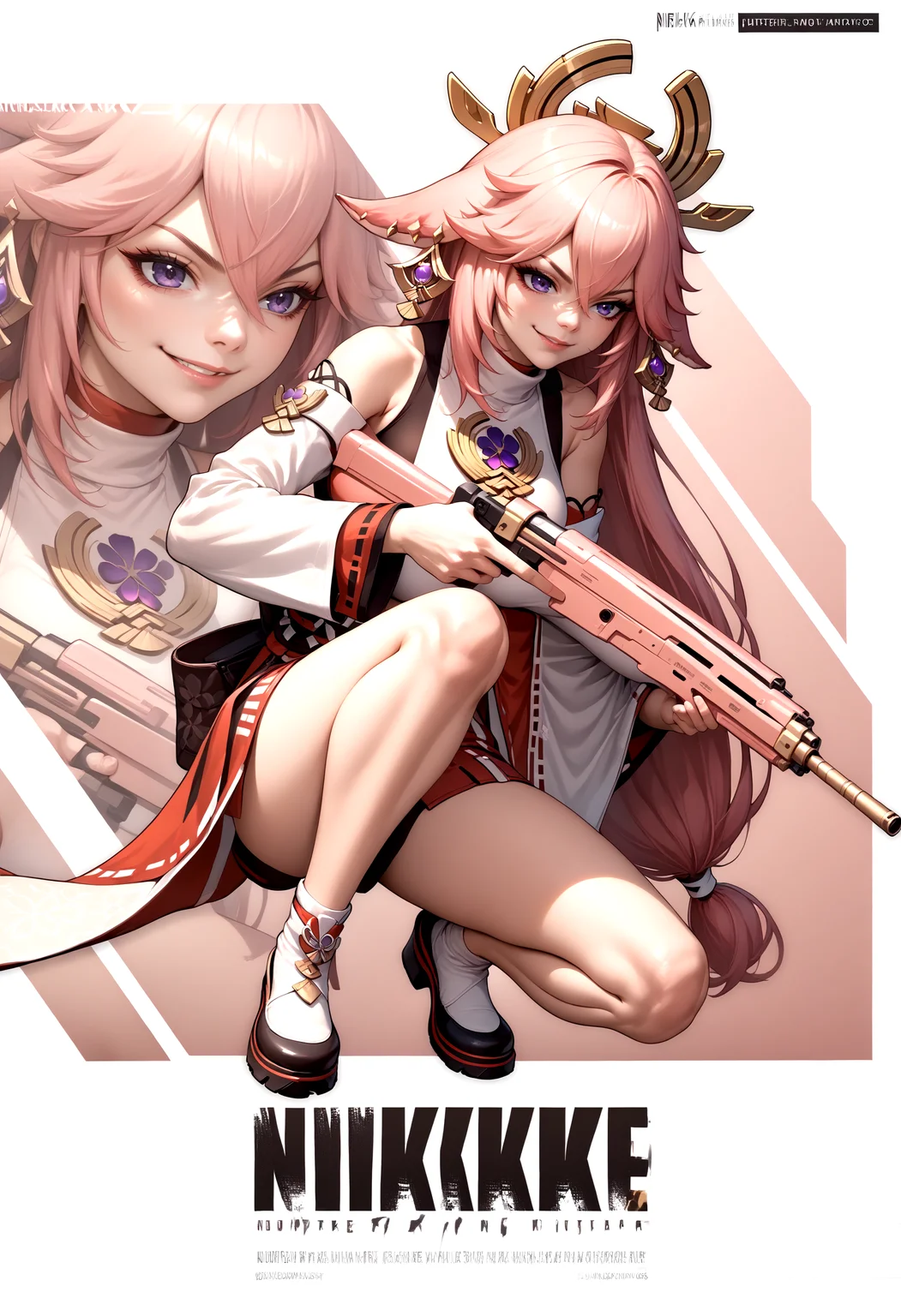 score_9, score_8_up, score_7_up, source_anime, 1girl, IncrsNikkeProfile, full body, holding weapon, holding gun, one knee, <lora:NIKKEProfile_PDXL:1>, yae miko, smirk,