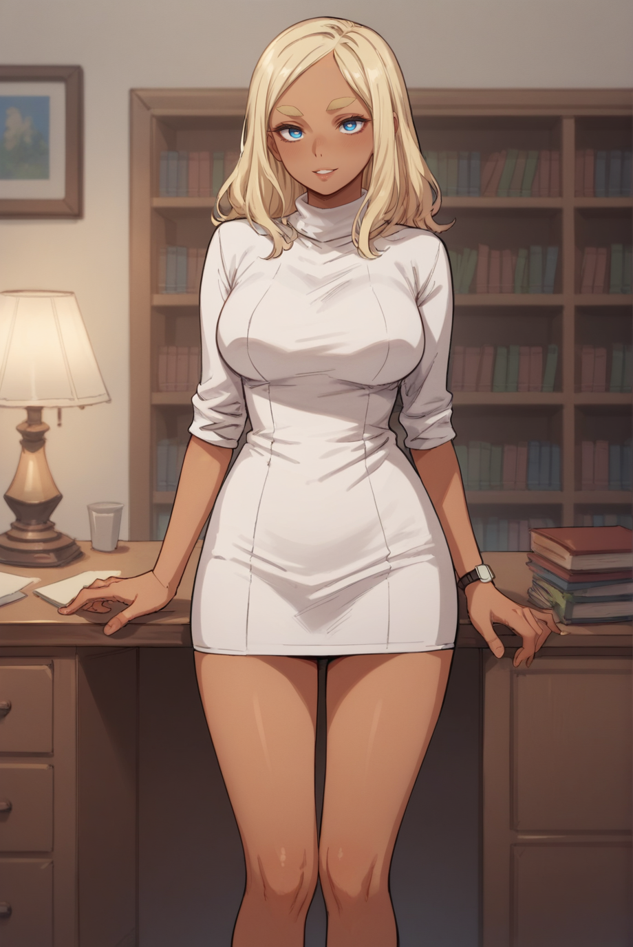 score_9, score_8_up, score_7_up, score_6_up, score_5_up, score_4_up, BREAK source_anime, 1girl, solo,
<lora:MerylXL-v1-07:0.7>, ChopioMeryl, dark-skinned female, long hair, blonde hair, thick eyebrows, blue eyes, looking at viewer,
large breasts,
outfit_1, white dress, short dress, sweater dress, sleeves pushed up, wristwatch, high heels, white footwear,
seductive smile, leaning back, parted lips, contrapposto, cowboy shot, 
study, desk, bookshelf, lamp,