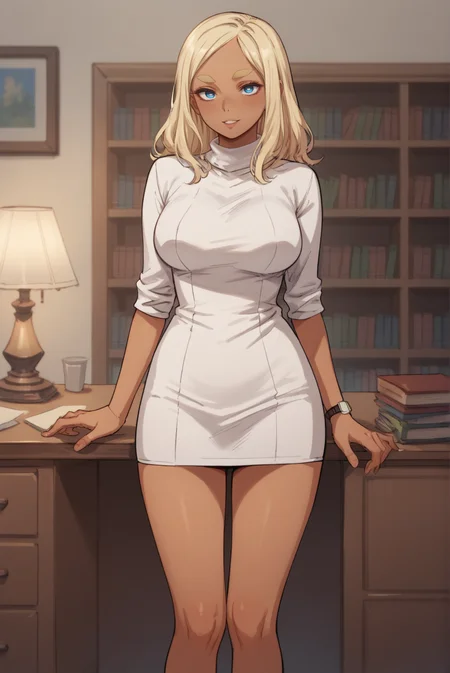 score_9, score_8_up, score_7_up, score_6_up, score_5_up, score_4_up, BREAK source_anime, 1girl, solo,
<lora:MerylXL-v1-07:0.7>, ChopioMeryl, dark-skinned female, long hair, blonde hair, thick eyebrows, blue eyes, looking at viewer,
large breasts,
outfit_1, white dress, short dress, sweater dress, sleeves pushed up, wristwatch, high heels, white footwear,
seductive smile, leaning back, parted lips, contrapposto, cowboy shot, 
study, desk, bookshelf, lamp,